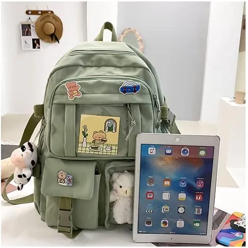 Vista 7 de ZUCHON Mochila Kawaii con bonito colgante y alfiler, bolsas escolares de gran capacidad, mochilas estéticas con bolsa de almuerzo, G-beige