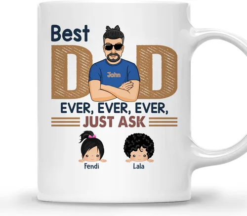 Vista 11 de Gossby Taza personalizada de café para papá, el mejor papá (2 niños en el hombro de papá), regalo personalizado de 11 onzas y 15 onzas para papá, 2