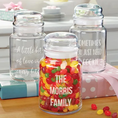 Vista 2 de Let's Make Memories Tarros de cristal personalizados para dulces variados - Cualquier diseño de mensaje, fuente de bloque