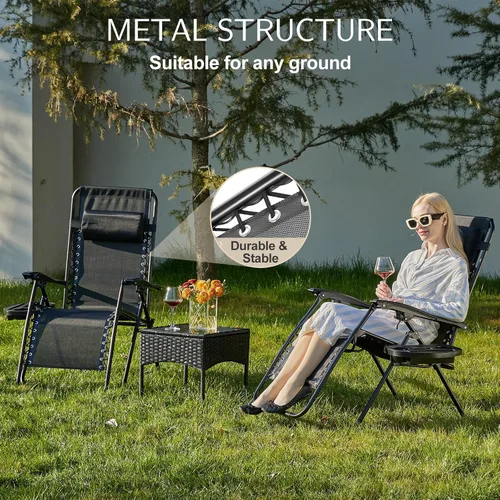 Vista 5 de Silla de gravedad cero Sweetcrispy, juego de 2 sillas reclinables portátiles para playa, camping, patio, exterior, plegables, con portavasos y Negro