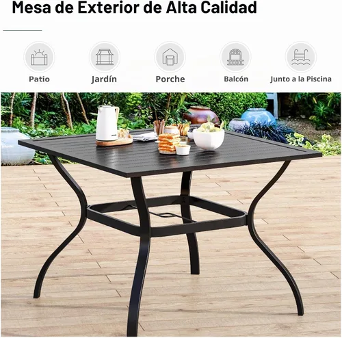 Vista 7 de MFSTUDIO Juego de comedor de patio para 4 con mesa cuadrada de metal y Marrón Grisáceo