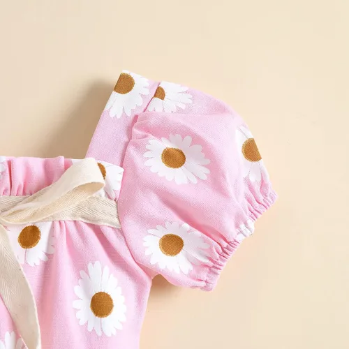 Vista 3 de Enterizo de verano de algodón para bebé recién nacida con estampado floral cuello cuadrado manga corta