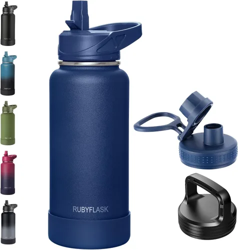 Vista 18 de RUBYFLASK - Botella de agua aislada con pajilla, jarra de agua al vacío de acero inoxidable, 24 onzas, botella con 3 tapas a prueba de fugas