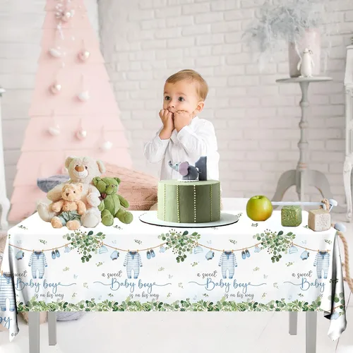 Vista 2 de Paquete de 3 manteles decorativos para baby shower, acuarela Greenery A Sweet Baby Boy Is On The Way Baby Shower, mantel impermeable para baby