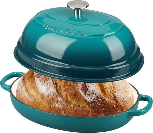 Vista 3 de EDGING CASTING Olla ovalada esmaltada de hierro fundido holandés con tapa, horno holandés de pan para hornear pan de masa madre, pan holandés, horno