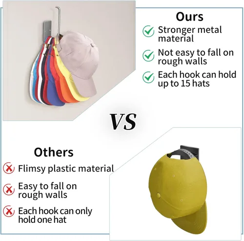 Vista 4 de Percheros para gorras de béisbol, paquete de 2 ganchos adhesivos de acero inoxidable para colgar sombreros para pared, organizador de ganchos