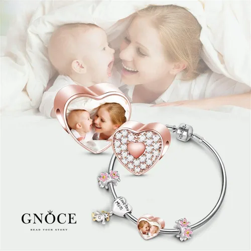 Vista 4 de GNOCE Custom Photo Charms Bead Heart Shaped Sterling Silver Personalized Charm With Cz fit Bracelet Necklace For Women Family Memorial Girls