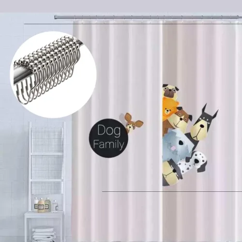 Vista 4 de Divertida cortina de ducha de gatos para niños, decoración de baño en poliéster con 12 ganchos de metal, cortina de ducha azul claro para niños, 78