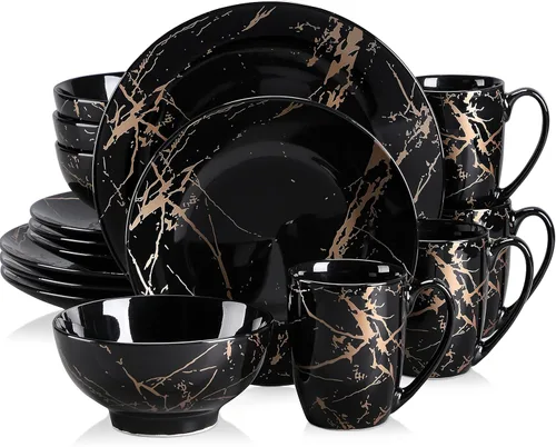 Vista 10 de Juegos de platos y tazones LOVECASA para 4, juegos de vajilla de porcelana de 12 piezas, juego de vajilla negro y dorado, juego de vajilla