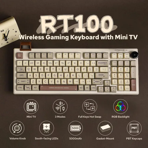 Vista 2 de EPOMAKER RT100 - Junta de 97 teclas BT5.02.4GUSB-C Teclado mecánico para juegos con pantalla de visualización personalizable, perilla, enchufe