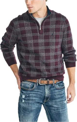 Vista 5 de Nautica Suéter a cuadros con cremallera de un cuarto hecho de forma sostenible para hombre Gris Caliente