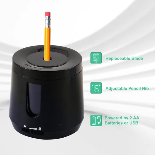 Vista 2 de Bocyteopr Sacapuntas eléctrico automático, funciona con USB y pilas, afilado ajustable para lápices de colores (0.23-0.31 pulgadas), para escuela