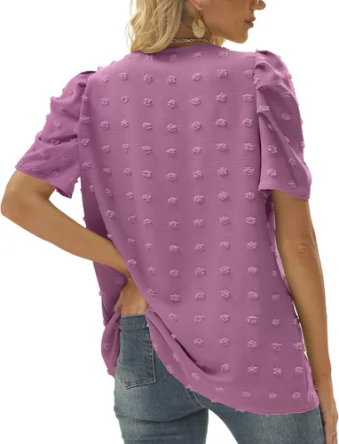 Vista 4 de FAPPAREL Camisetas de manga corta para mujer, blusas de gasa con cuello en V, lindas blusas de manga abombada