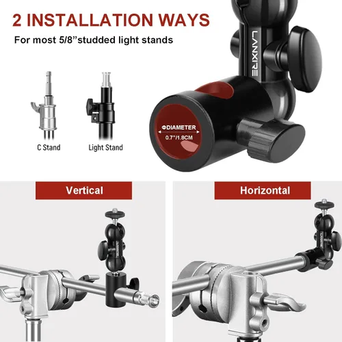 Vista 4 de Adaptador de montaje de soporte de luz con cabezal de bola doble, compatible con luz de anillo, se adapta al soporte de luz de cabeza plana, carga