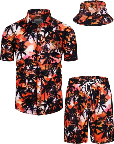 Vista 151 de TUNEVUSE Conjunto de camisas y pantalones cortos hawaianos para hombre, 2 piezas, trajes de playa con estampado de flores, traje tropical de verano