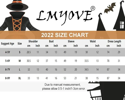 Vista 2 de LMYOVE Disfraz de bruja morada para niñas, disfraz de cosplay Helloween verde, naranja