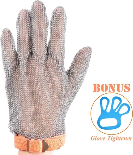 Vista 2 de Guante de Chainmail resistente al corte, Guante de protección de mano de acero inoxidable 316 de grado alimenticio, Guante de corte de malla Naranja