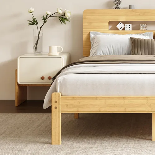 Vista 8 de Base de cama de tamaño matrimonial de 14 pulgadas de bambú con cabecera de almacenamiento, marcos de cama sólidos, soporte de listones de metal