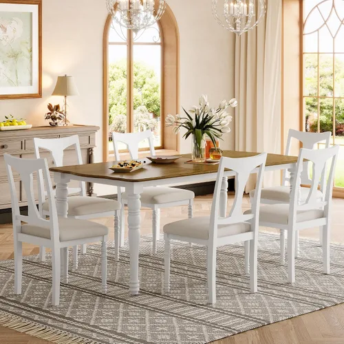Vista 134 de Juego de mesa de comedor vintage de 6 piezas, juego de mesa de comedor de cocina de madera maciza con 4 sillas ergonómicas acolchadas y banco, mesa