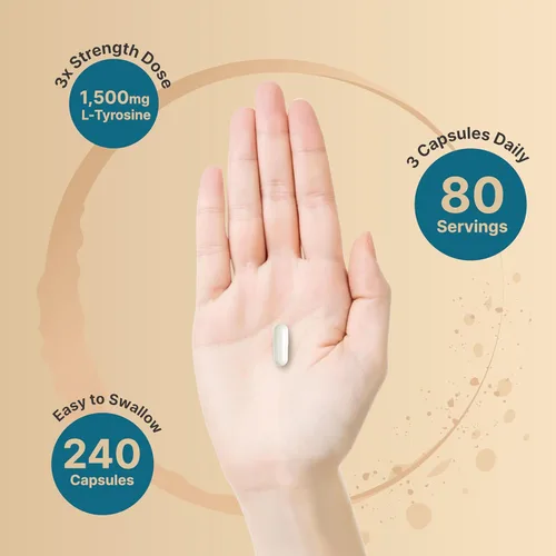 Vista 4 de Suplemento de tirosina L, 1,500 mg por porción, 240 cápsulas Aminoácidos esenciales - Apoyo a la salud cerebral para la memoria, la salud