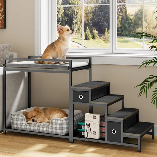 Vista 8 de kepptory Litera para mascotas con escaleras y almacenamiento, camas para perros fijadas a la cama humana, cuna para perros y gatos pequeños, Negro