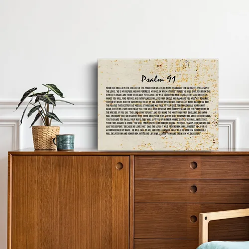 Vista 3 de Lienzo inspirador cristiano para pared, 11.5 x 15 pulgadas, enmarcado con versículo de las Escrituras, pintura religiosa del Salmo 91, lienzo