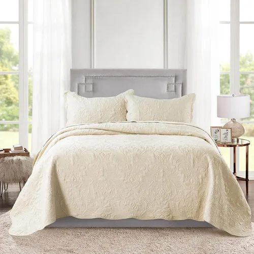 Vista 2 de HoneiLife - Juego de colcha de tamaño Queen, juego de ropa de cama bordada de microfibra de 3 piezas, colcha reversible, ligera, patrón de estampado