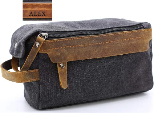 Vista 8 de Flow.month Neceser personalizado para hombres y mujeres – Kit de afeitado de viaje, kit de Dopp en cuero de caballo loco o lona, ideal para regalos