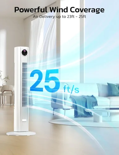 Vista 6 de ZAFRO Ventilador de torre para dormitorio, ventilador oscilante de 90° con 4 modos, 3 velocidades, velocidad de 25 pies/s, temporizador de 12 horas