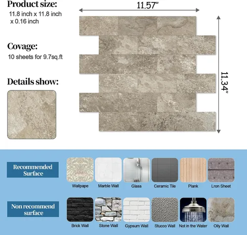 Vista 5 de 1 paquete de azulejo autoadhesivo para salpicadero de 12"x12" de PVC para pared, azulejo autoadhesivo para salpicadero de cocina, azulejo de baño