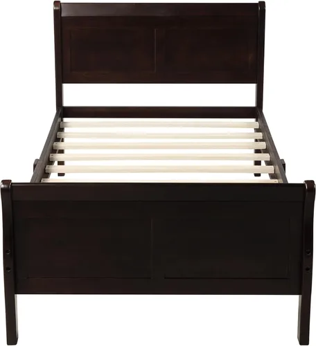 Vista 5 de Merax Base de cama de madera tamaño individual, base de colchón con cabecero, estribo, soporte de listones de madera, color espresso