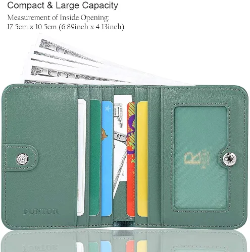 Vista 2 de Funtor Cartera de cuero para mujer, pequeña y compacta, con bolsillo doble, bloqueo RFID, para mujer