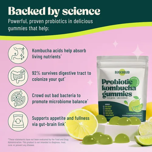 Vista 2 de BoochBod - Gomitas probióticas de kombucha - Prebióticos, probióticos, postbióticos, suplemento de fibra, olmo resbaladizo, raíz de diente de león