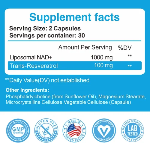Vista 2 de Suplemento liposomal NAD+ con resveratrol 1100 mg - Alternativa de suplemento NMN - Probado por terceros - Resveratrol NAD avanzado - Fabricado