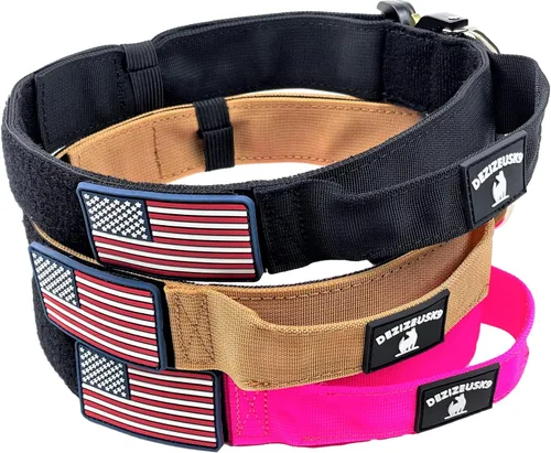 Vista 5 de Collar táctico para perro con asa, nailon resistente de 1.5 pulgadas de grosor, hebilla de liberación rápida de metal de estilo militar y anillo