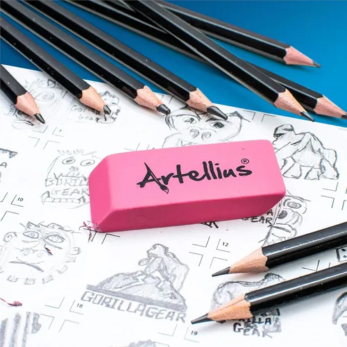 Vista 3 de Artellius Borradores rosados Sin látex ni manchas Suministros escolares a granel Aulas, profesores, escuela en casa, oficina, clase de arte