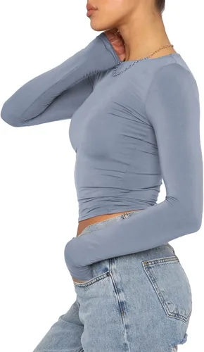 Vista 5 de KMBANGI Camiseta de manga larga con cuello redondo para mujer, básica, ajustada, de punto, acanalada, de moda, ropa de calle