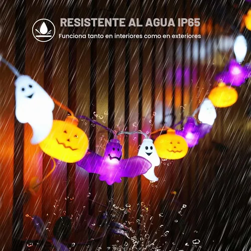 Vista 4 de Luces de Cadena de Halloween, 16.4 pies, 30 LED, Calabaza Murciélago Fantasma, Funciona con Pilas, Luces Naranjas y Moradas con Efecto Naranja