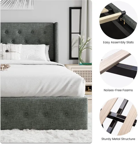 Vista 4 de SHA CERLIN Base de cama de tamaño completo con almacenamiento abatible, cabecera abombada con botón acolchado, plataforma tapizada, almacenamiento