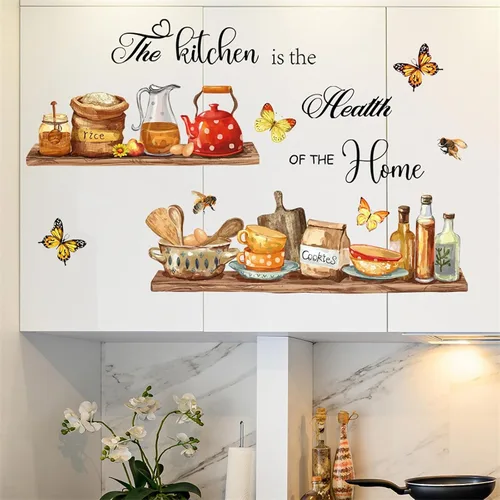 Vista 2 de Adhesivos de pared para estante de utensilios de cocina, sacinora The Kitchen is the Heart of Home, calcomanía de pared de abeja de mariposa, vinilo