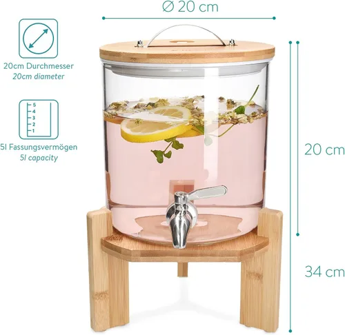 Vista 6 de Navaris - Dispensador de bebidas con soporte - 1.3 galones (5L) Dispensador de bebidas de vidrio con válvula, tapa, soporte de madera para bebidas