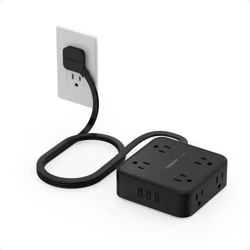 Vista 22 de TESSAN - Tira de alimentación con protector de sobretensiones, cable de extensión plano de 5 pies con 8 salidas de CA, 3 puertos USB (1 USB C), Gris