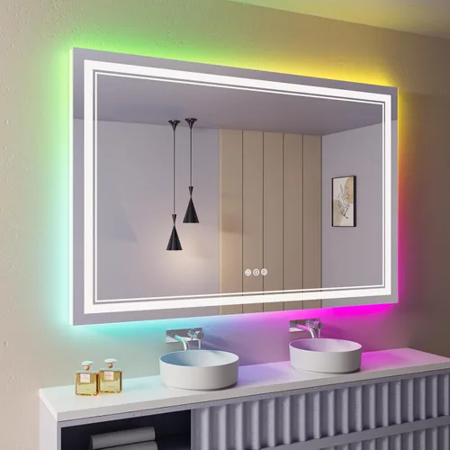 Vista 56 de Espejo de baño LED de 24 x 28 pulgadas, luz frontal y retroiluminada, antiniebla, regulable, espejo de tocador iluminado con memoria, espejo LED