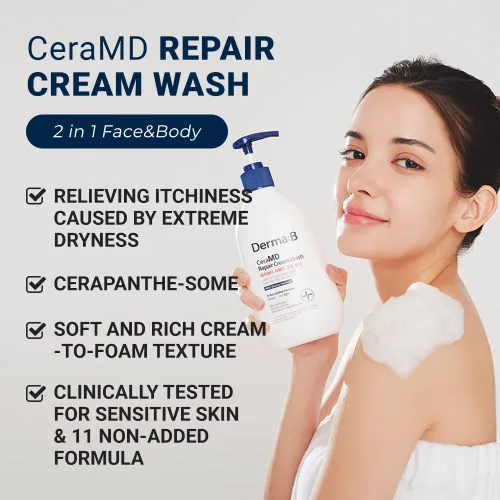 Vista 2 de Derma B CeraMD - Jabón en crema reparadora, sin perfume, limpiador facial y corporal cremoso para pieles secas y sensibles con picazón, gel de baño
