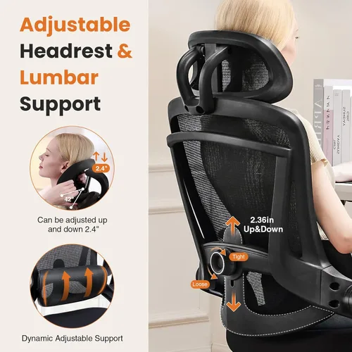 Vista 4 de Silla de oficina ergonómica de malla, silla de escritorio de computadora con respaldo alto con reposacabezas ajustable y soporte lumbar, silla