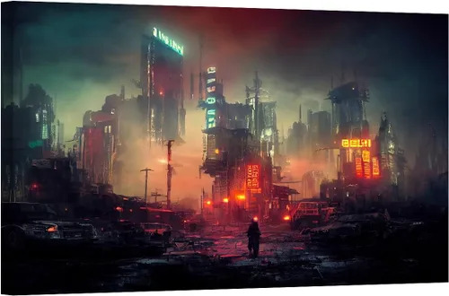 Vista 8 de LSIUHWUWI Future City Concept - Cuadro decorativo moderno para pared, impresión sobre lienzo Cyberpunk City Neon Streetview por la noche