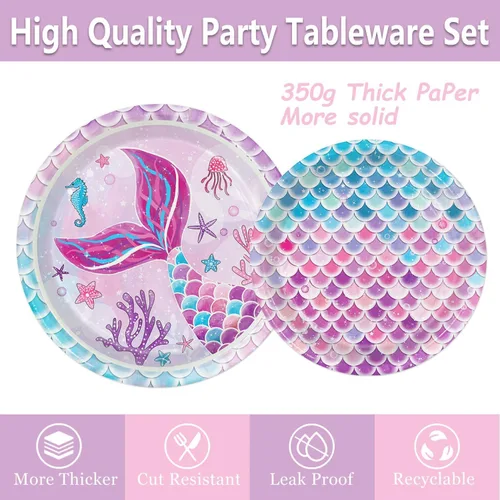 Vista 4 de Juego de 122 decoraciones para fiesta de cumpleaños de sirena, incluye platos, servilleta, tenedor, taza, mantel, pancarta para baby shower