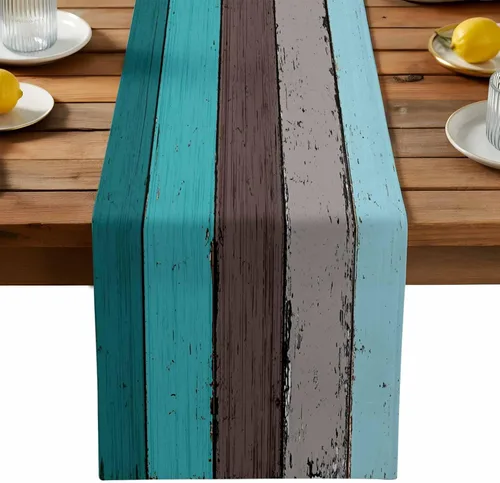 Vista 36 de Vandarllin Camino de mesa de lino y algodón estilo rústico retro, textura de madera de granero, color degradado, azul aguamarina, gris