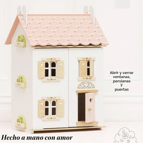 Vista 3 de Le Toy Van – Casa de muñecas de madera en forma de corazón de rosa Juego de casa de muñecas de madera de 3 plantas para niñas y niños - Adecuado