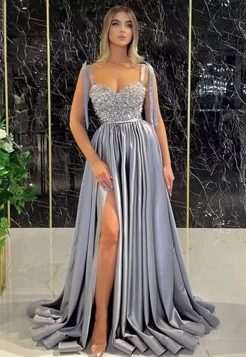 Vista 3 de Vestido de fiesta de lentejuelas brillantes con abertura y tirantes delgados, vestido de noche formal para boda, dama de honor con bolsillos